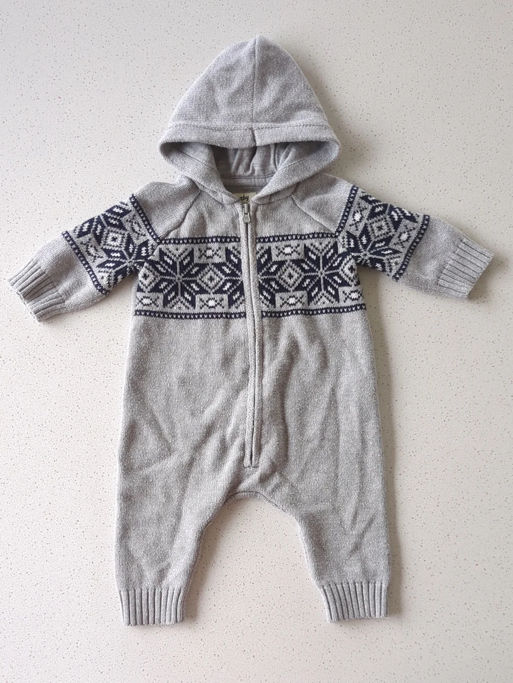 Hooded Knit Baby One-Piece with Nordic Pattern - Light Gray